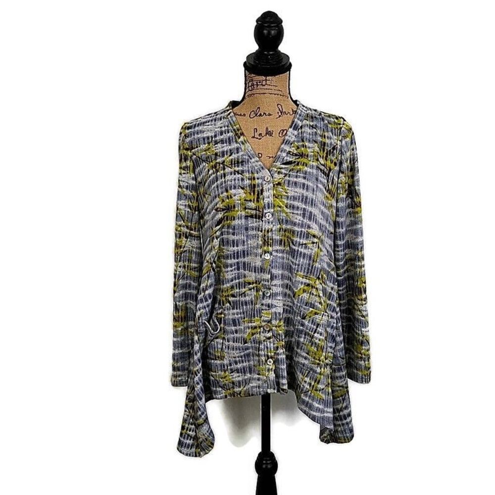LOGO Womens sz XS Cardigan Sweater Button Front‎ Asymmetric Hem Pockets V Neck